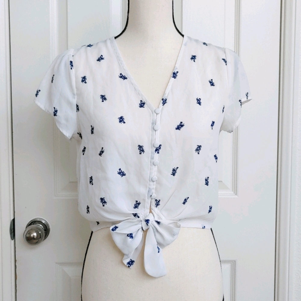 Palm Printed Chiffon Tie Front Blouse